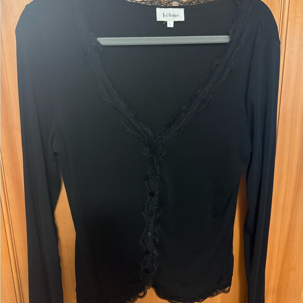 böhme Black Lace-Trim Long Sleeve Tee